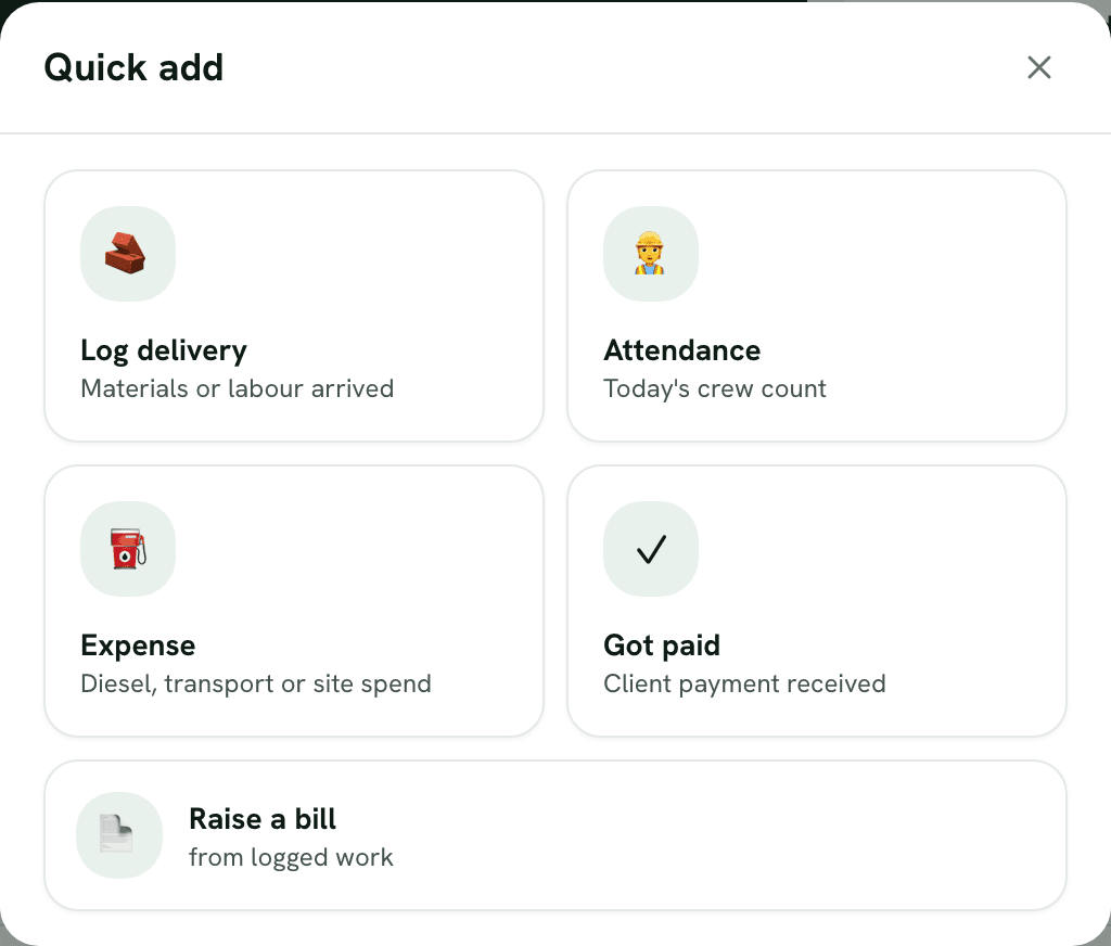 Quick add actions for a delivery, attendance, an expense, a payment or a bill